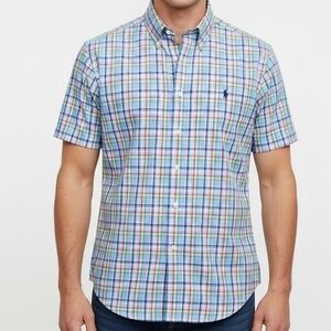 Ralph Lauren Shirt Mens Large Blue Pastel Plaid Cotton Button Down Spring Easter